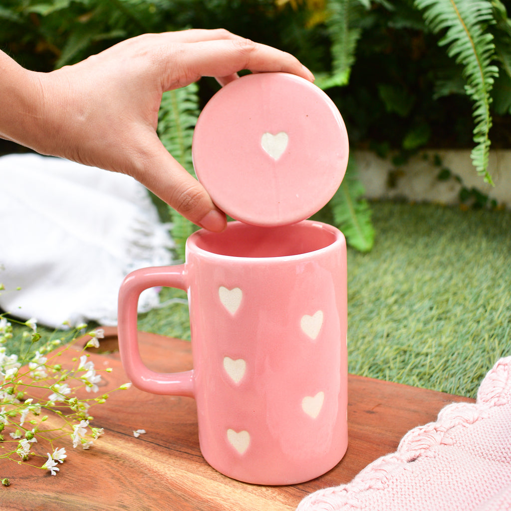 Ceramic Mug With Lid - Pink Heart