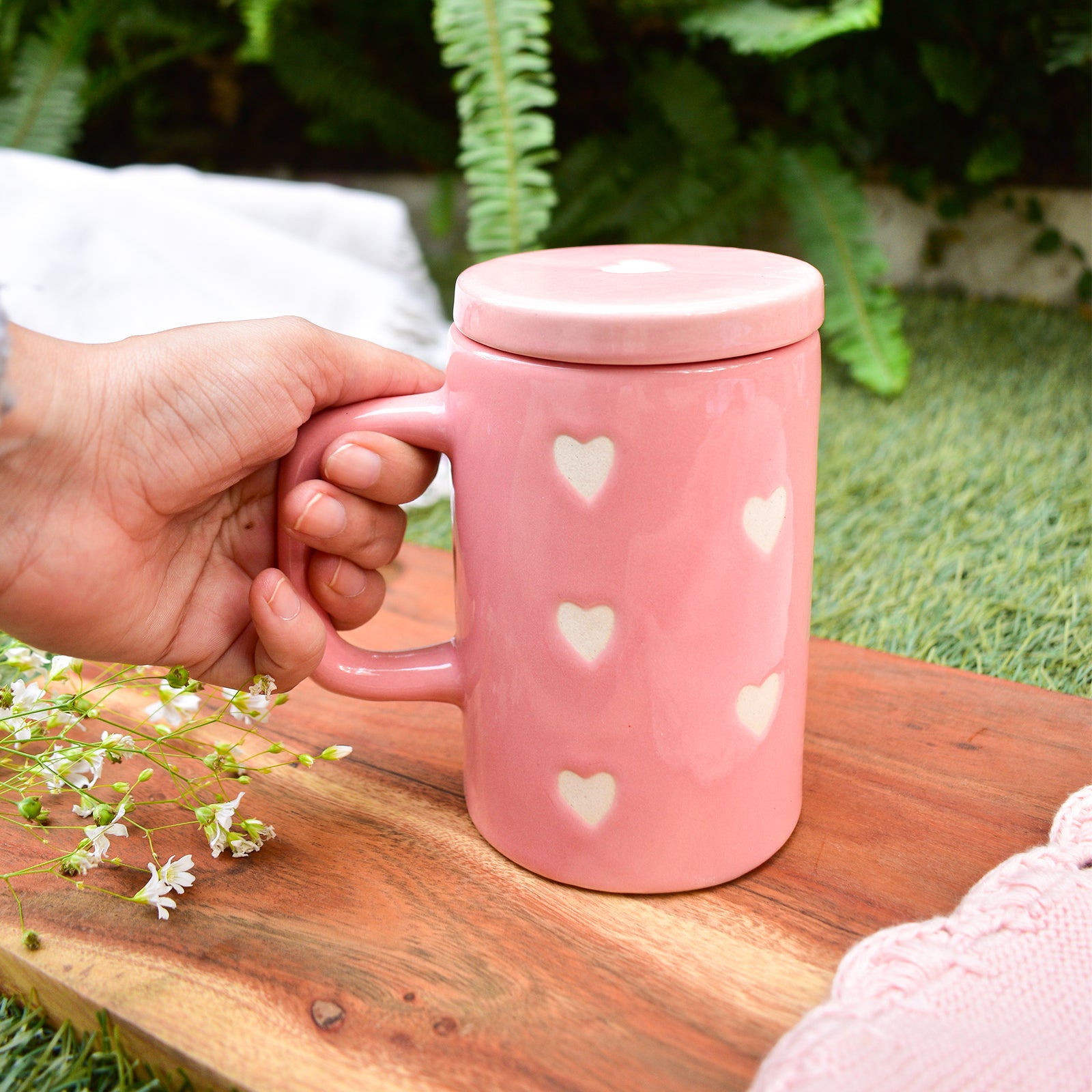 Ceramic Mug With Lid - Pink Heart