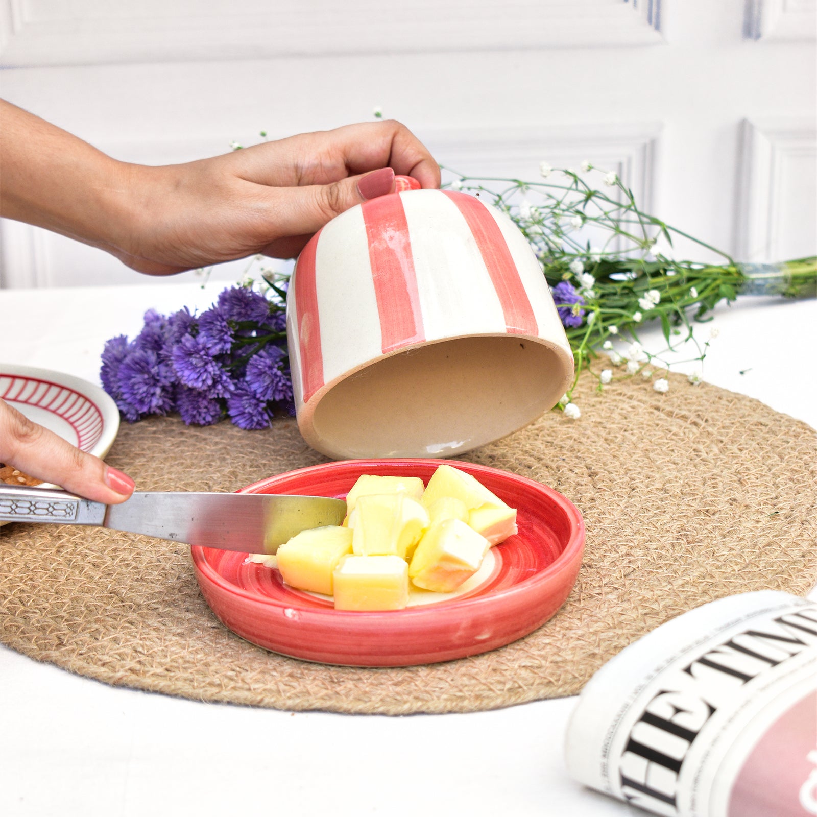 Ceramic Butter Dish - Red Stripe