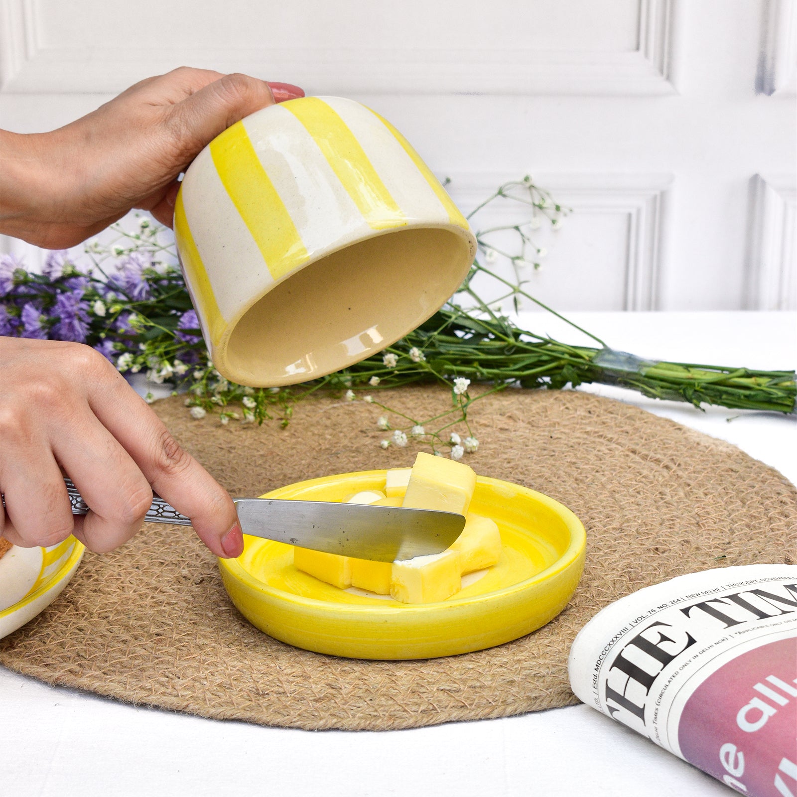 Ceramic Butter Dish - Yellow Stripe