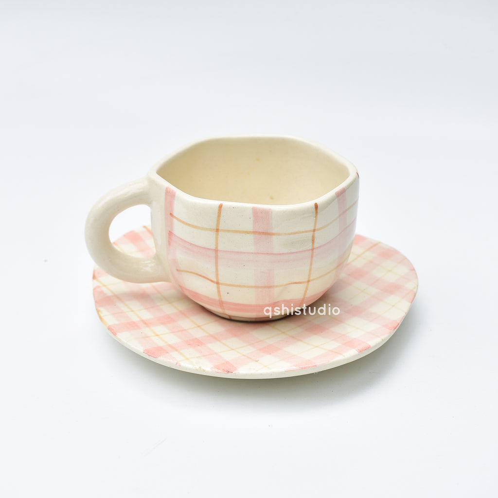 Ceramic Coffee Mug & Saucer Set - Cozy Checks