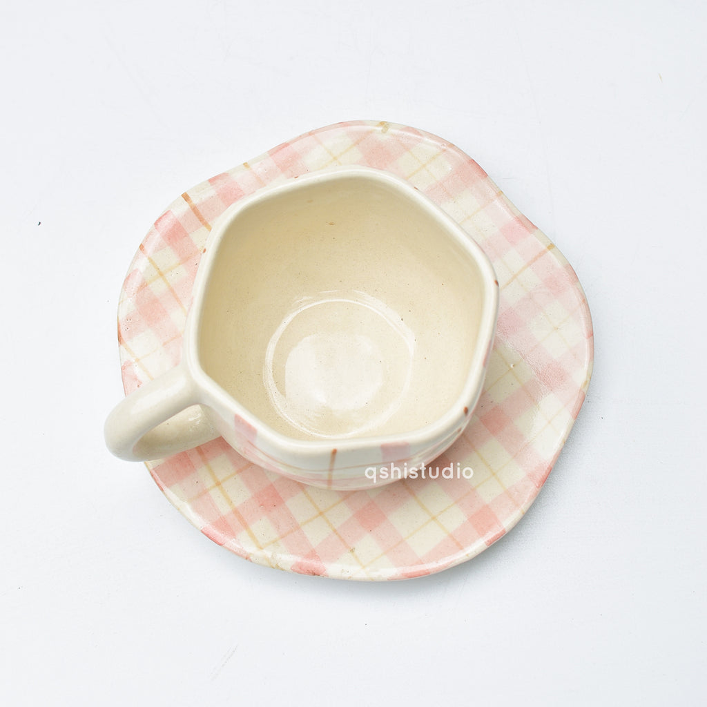 Ceramic Coffee Mug & Saucer Set - Cozy Checks