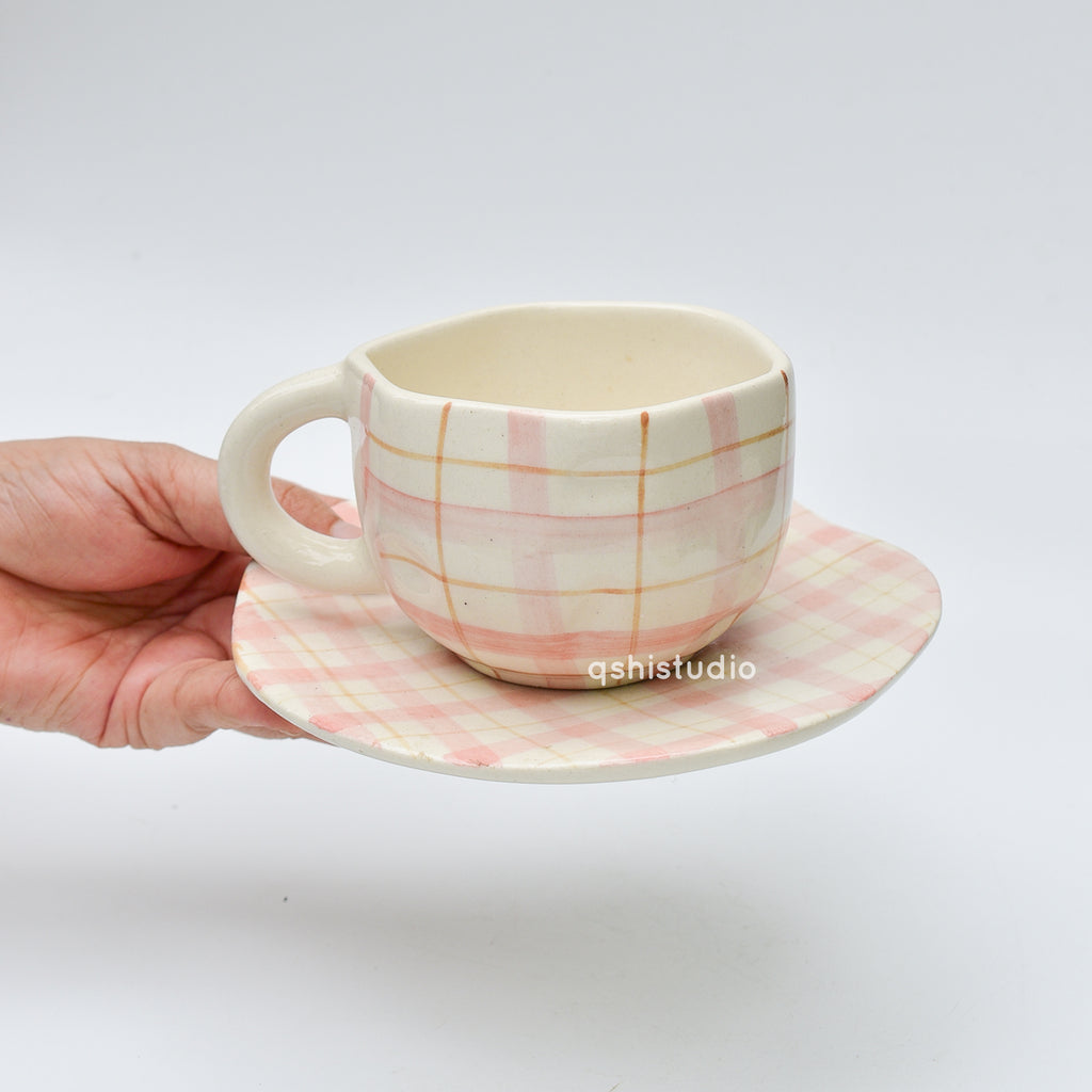 Ceramic Coffee Mug & Saucer Set - Cozy Checks
