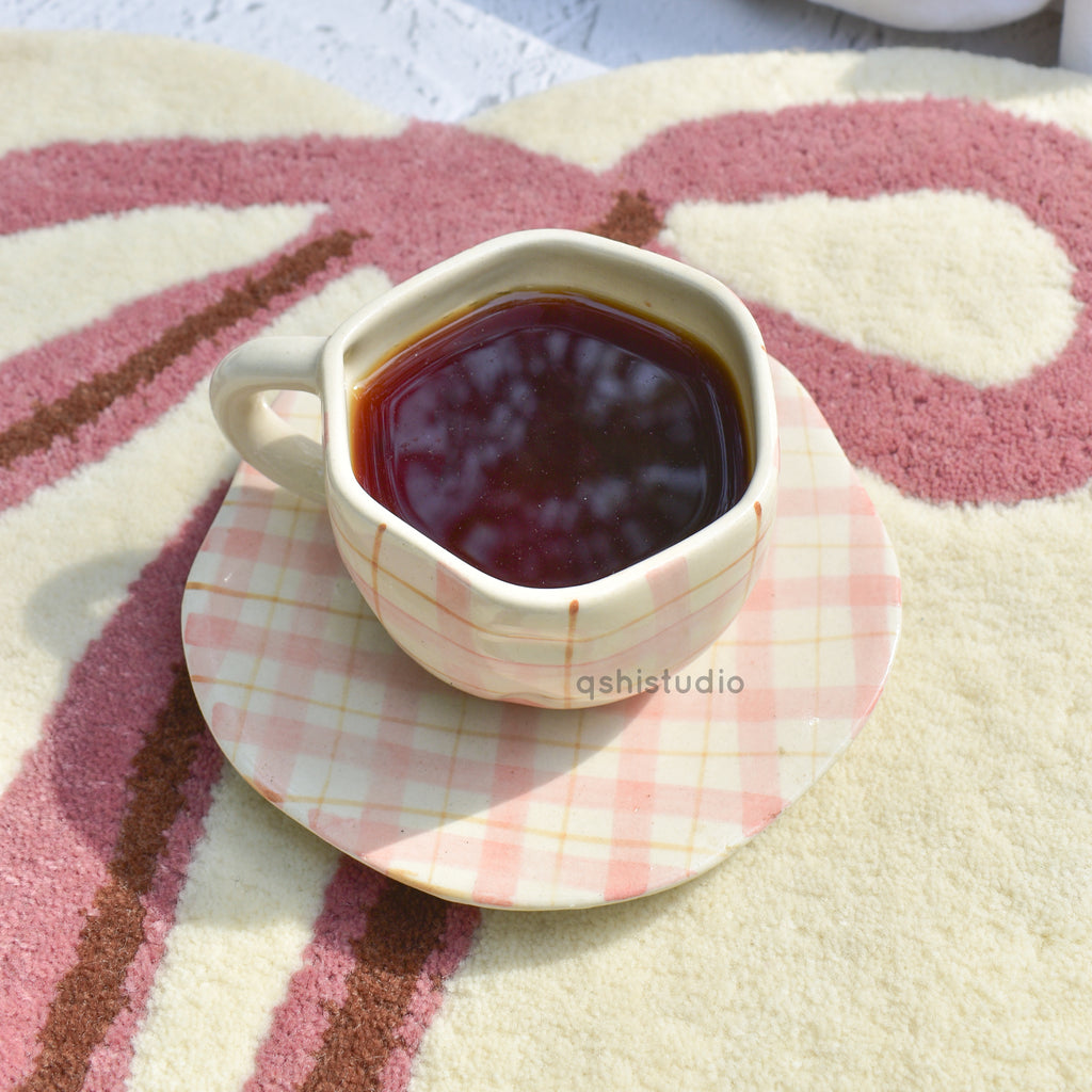 Ceramic Coffee Mug & Saucer Set - Cozy Checks