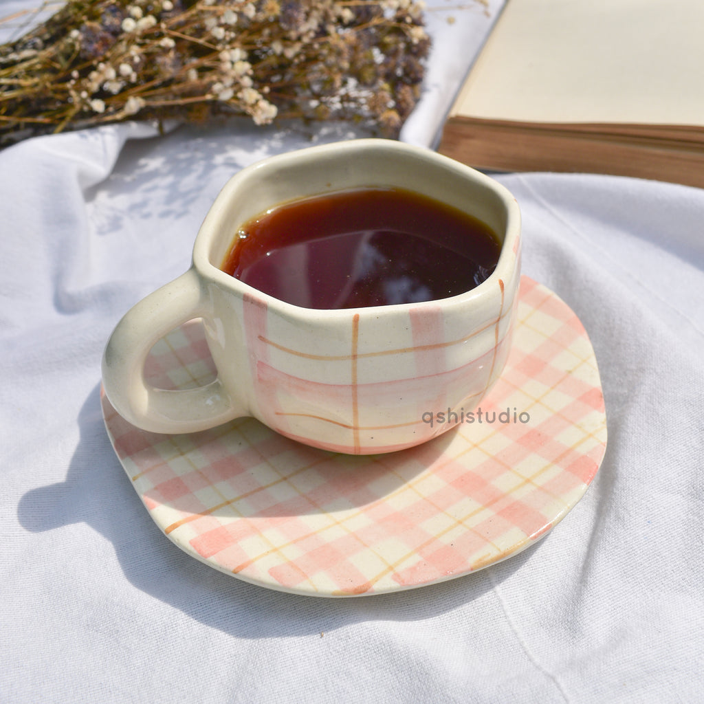 Ceramic Coffee Mug & Saucer Set - Cozy Checks
