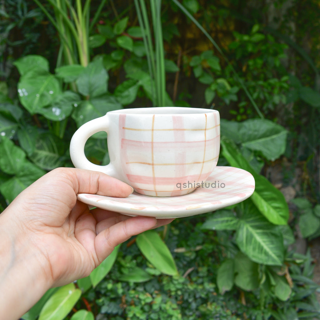 Ceramic Coffee Mug & Saucer Set - Cozy Checks