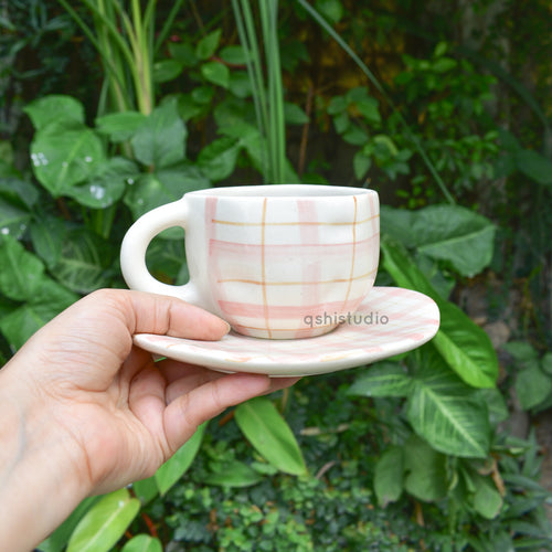 Ceramic Coffee Mug & Saucer Set - Cozy Checks