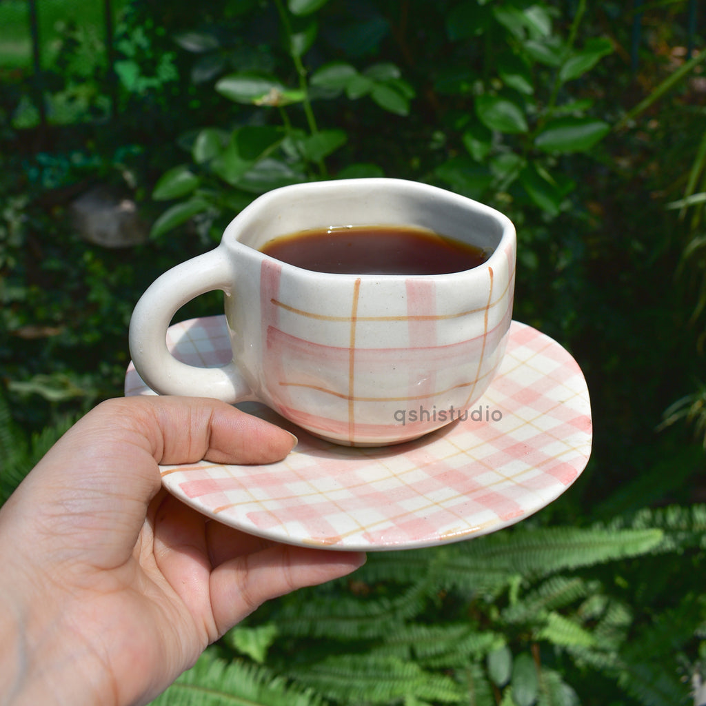Ceramic Coffee Mug & Saucer Set - Cozy Checks