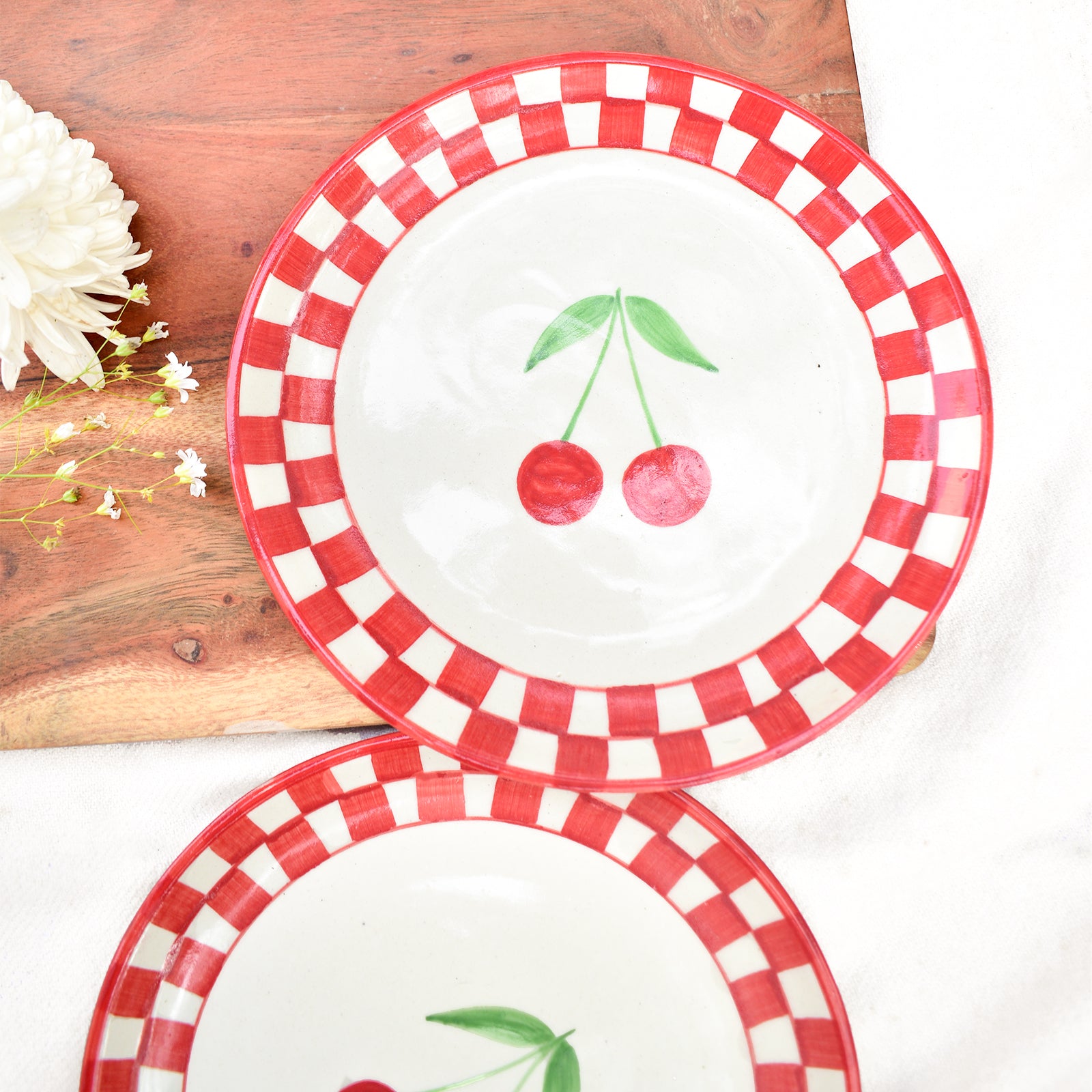 Ceramic Dessert Plate - Checked Cherry ( 7 inches )