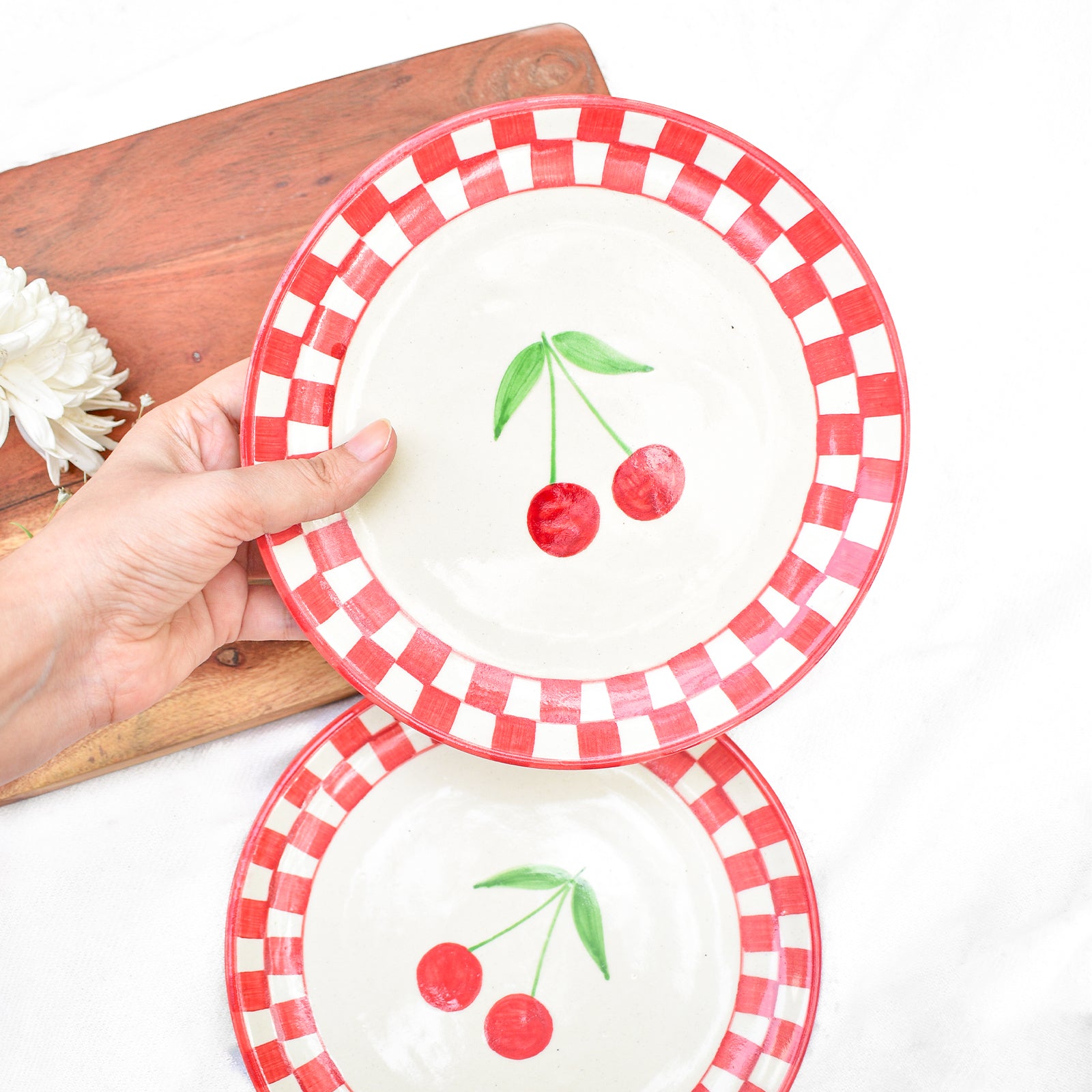 Ceramic Dessert Plate - Checked Cherry ( 7 inches )