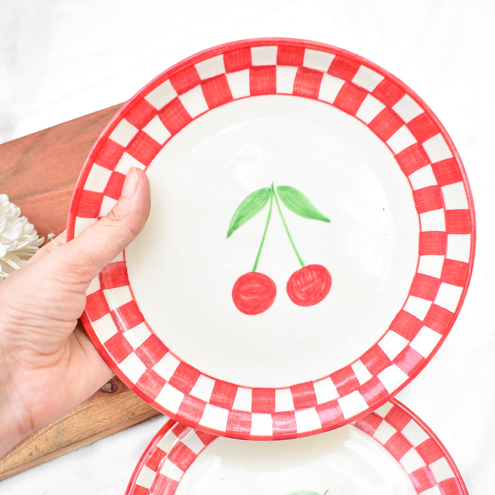 Ceramic Dessert Plate - Checked Cherry ( 7 inches )