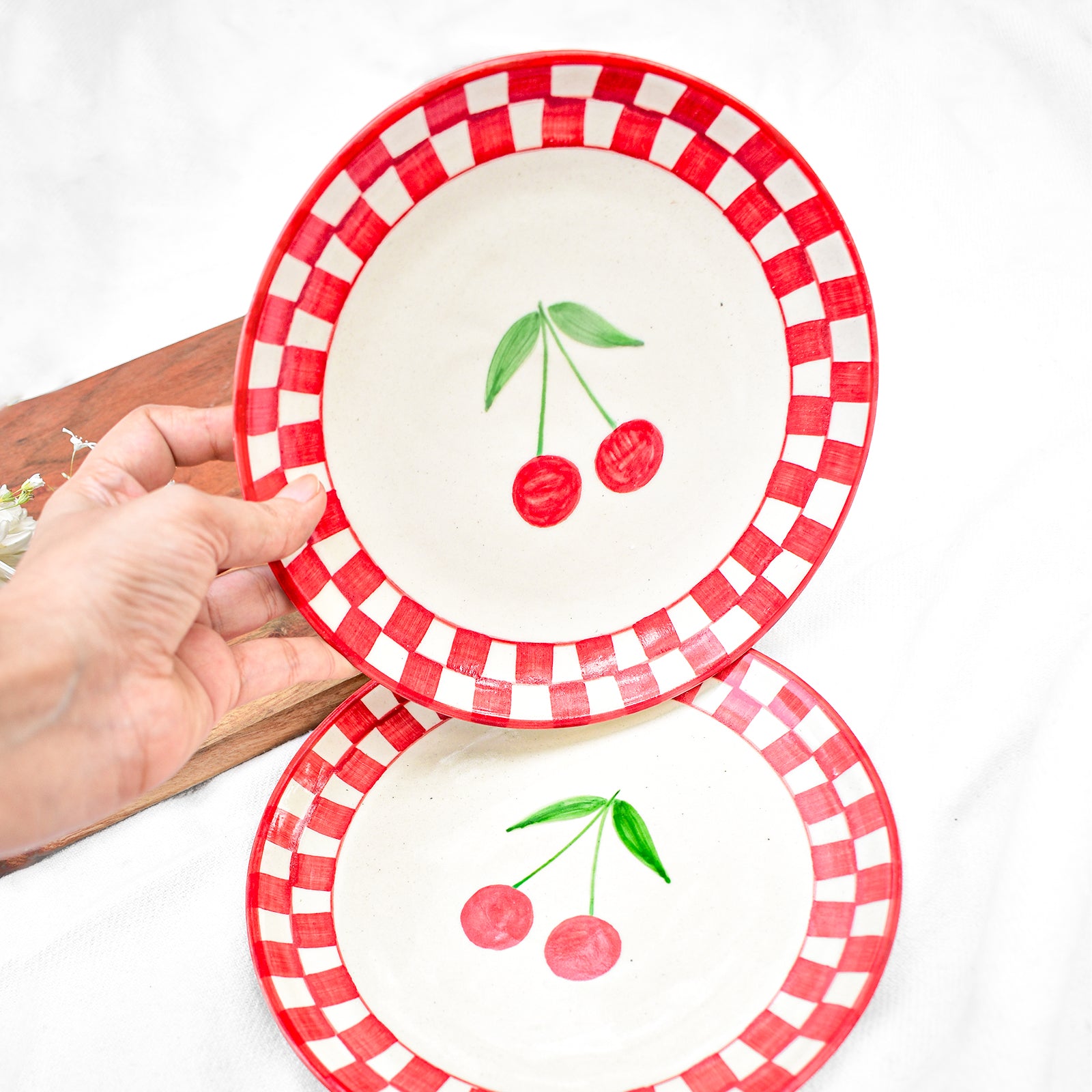 Ceramic Dessert Plate - Checked Cherry ( 7 inches )