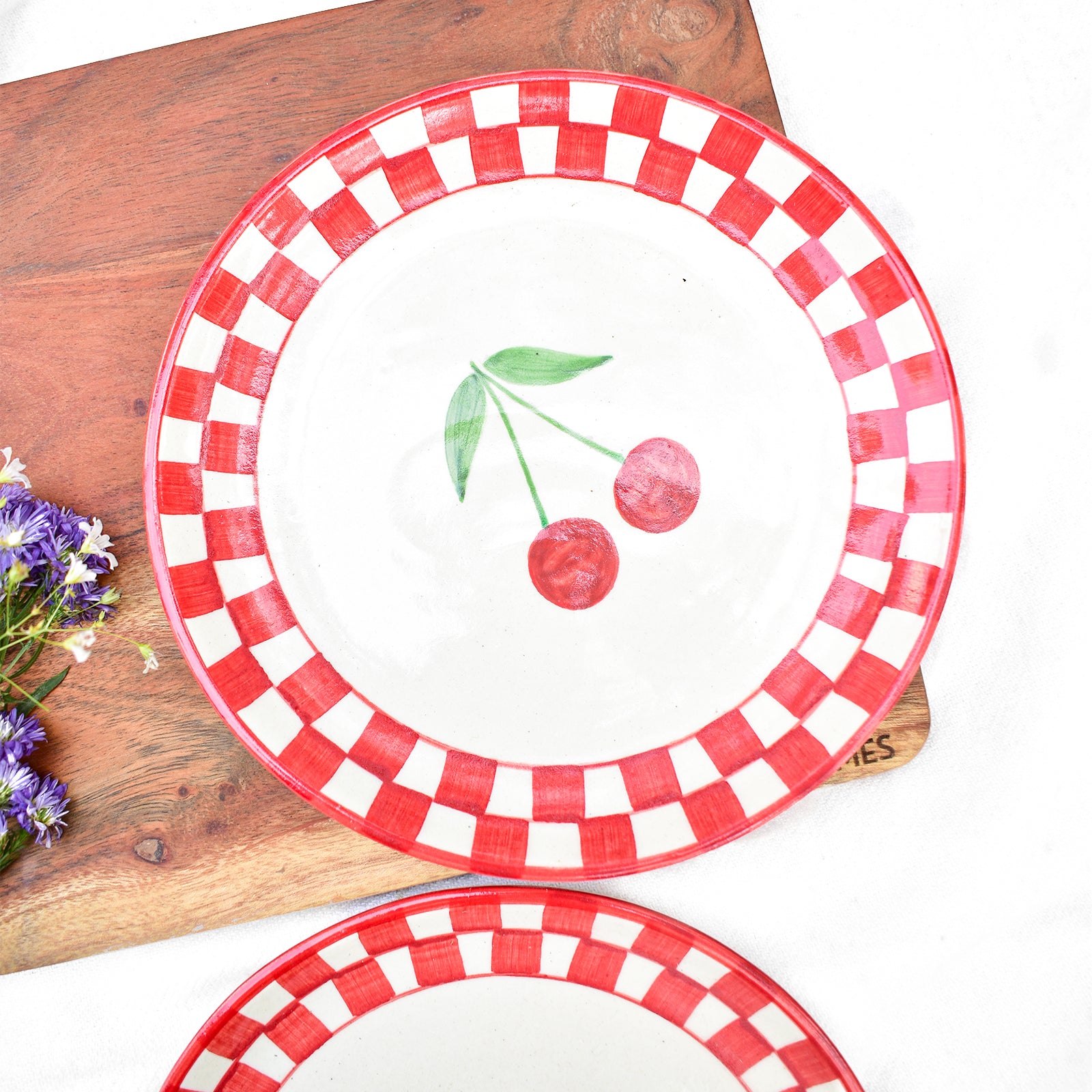 Ceramic Dessert Plate - Checked Cherry ( 7 inches )