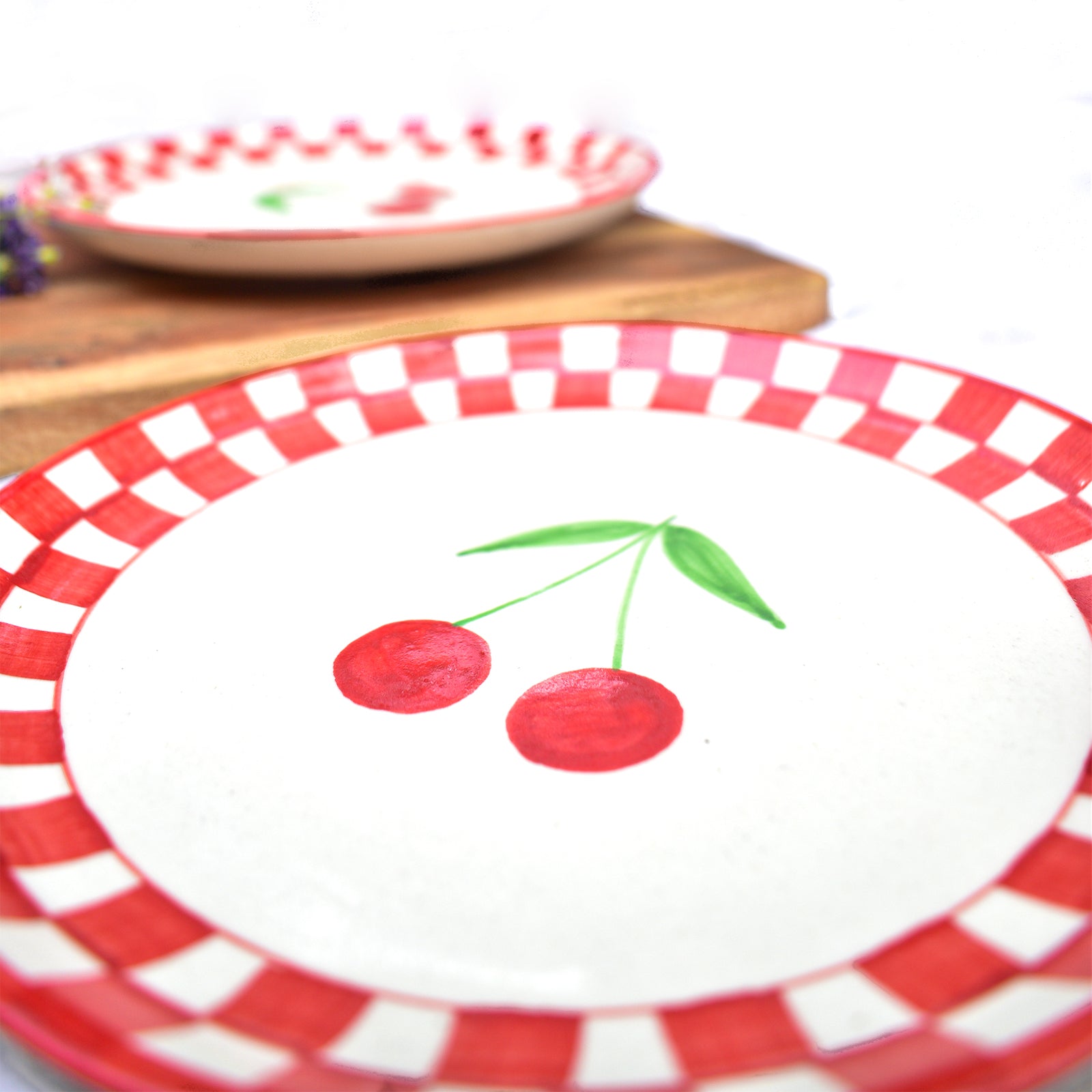 Ceramic Dessert Plate - Checked Cherry ( 7 inches )