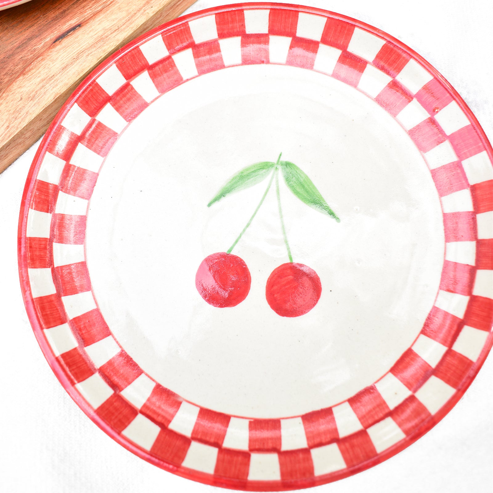 Ceramic Dessert Plate - Checked Cherry ( 7 inches )
