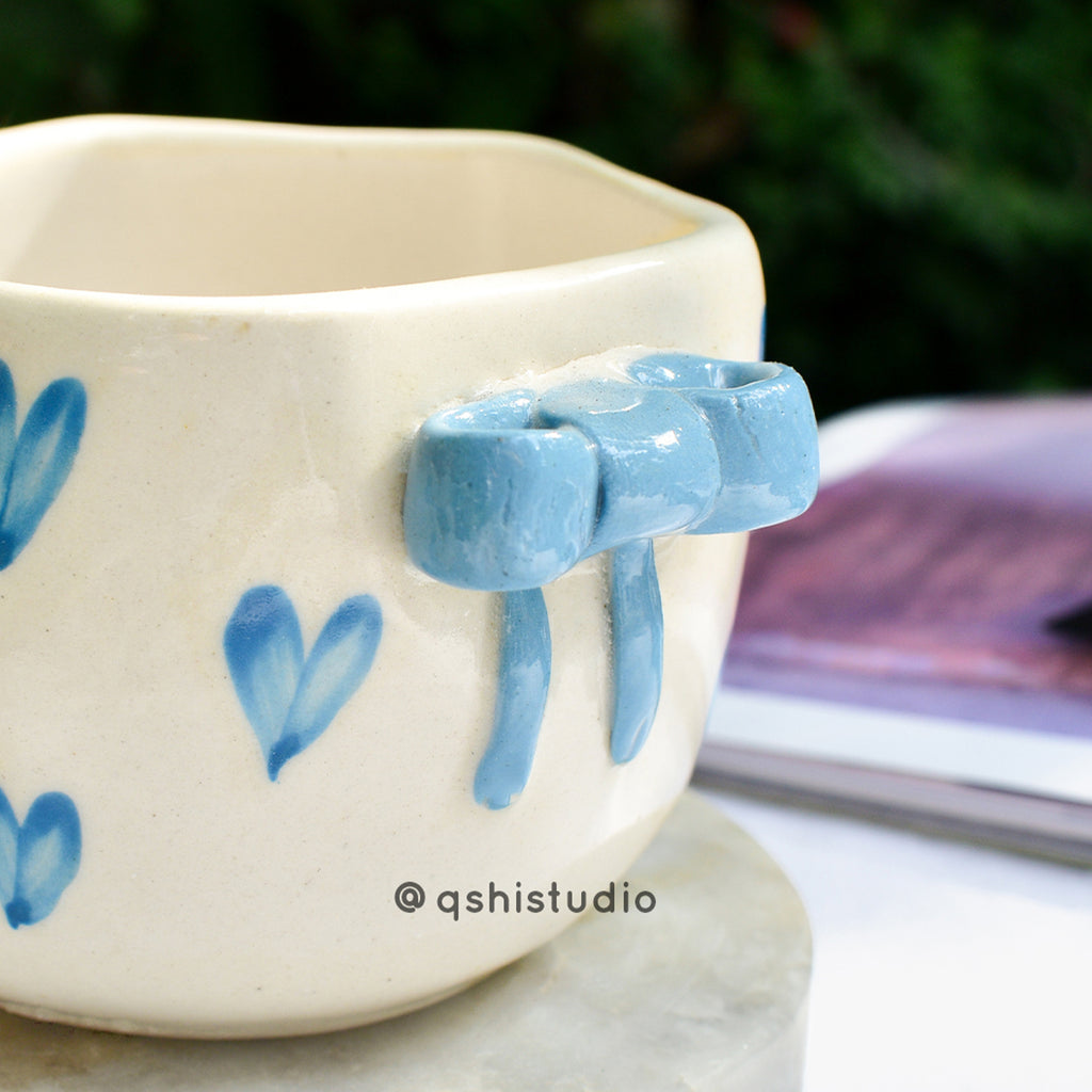 Ceramic Coffee Mug - Blue Heart Bow