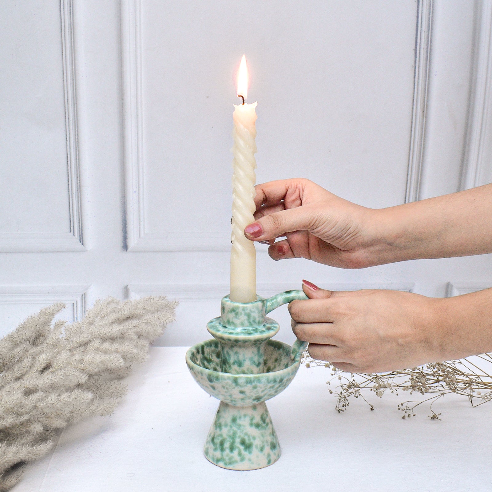 Ceramic Candle holder - Green Speckle