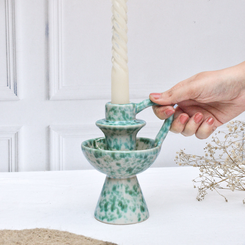Ceramic Candle holder - Green Speckle
