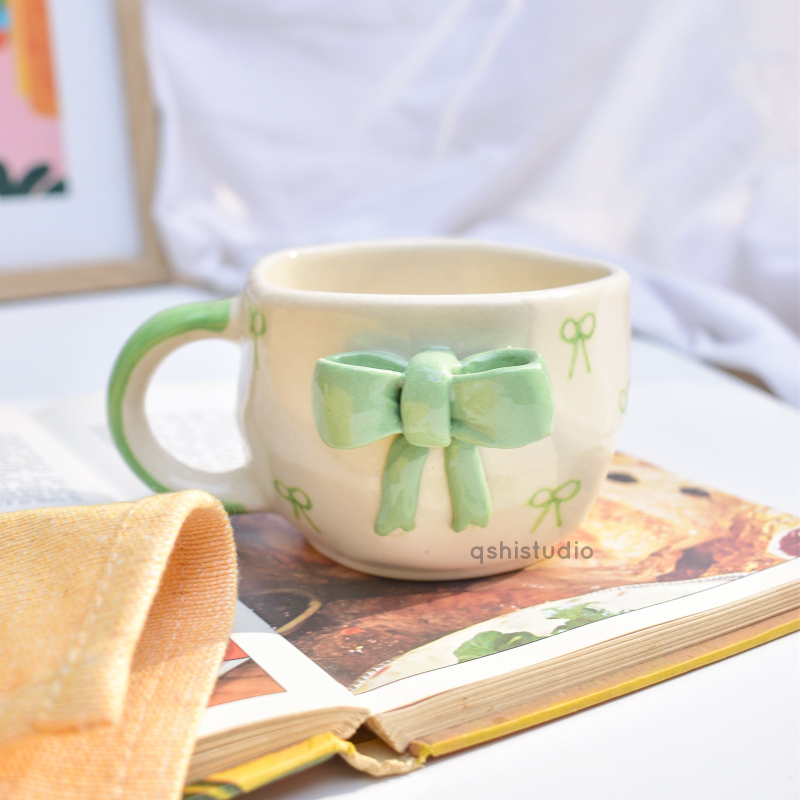 Cute Ceramic Mug - Green Bow