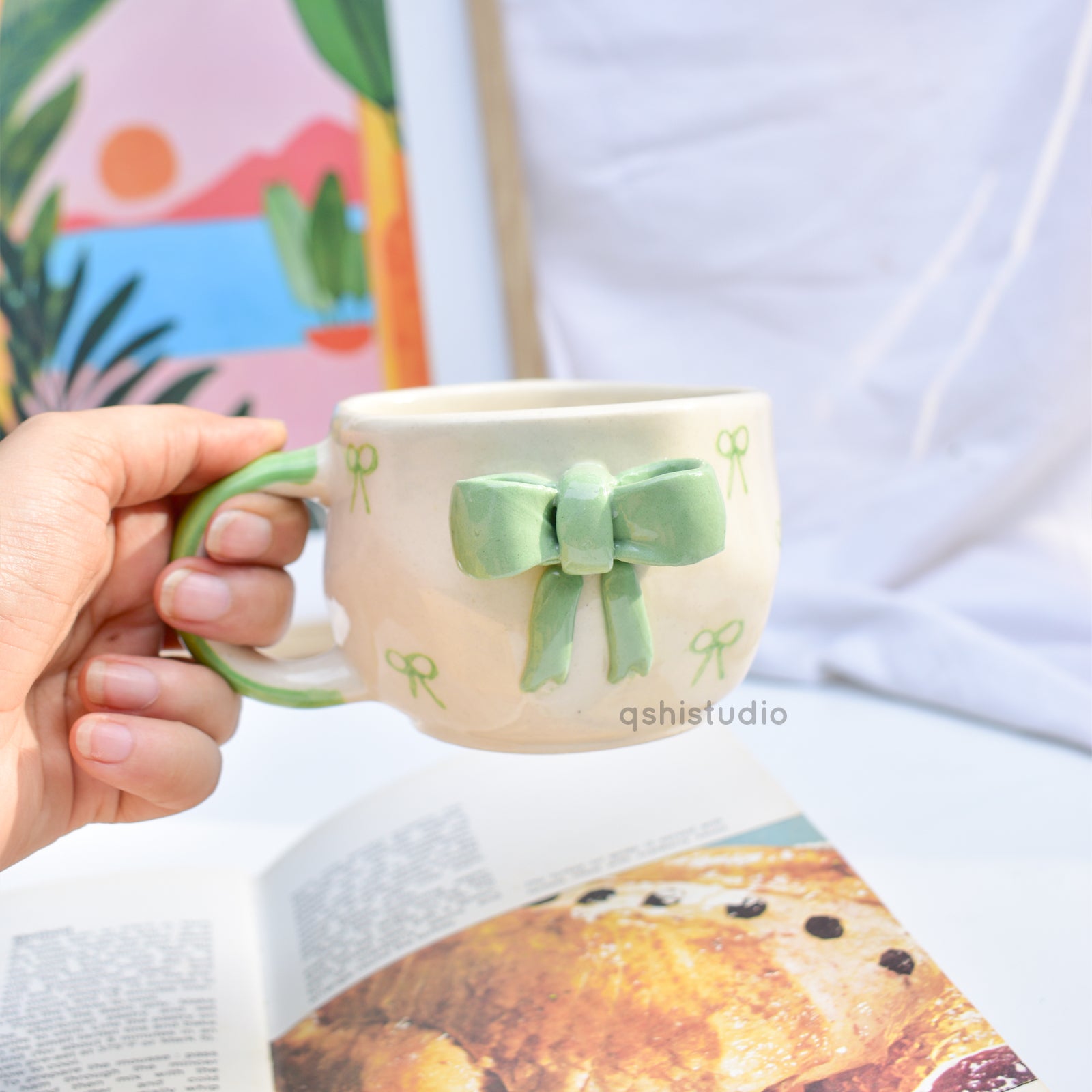 Cute Ceramic Mug - Green Bow