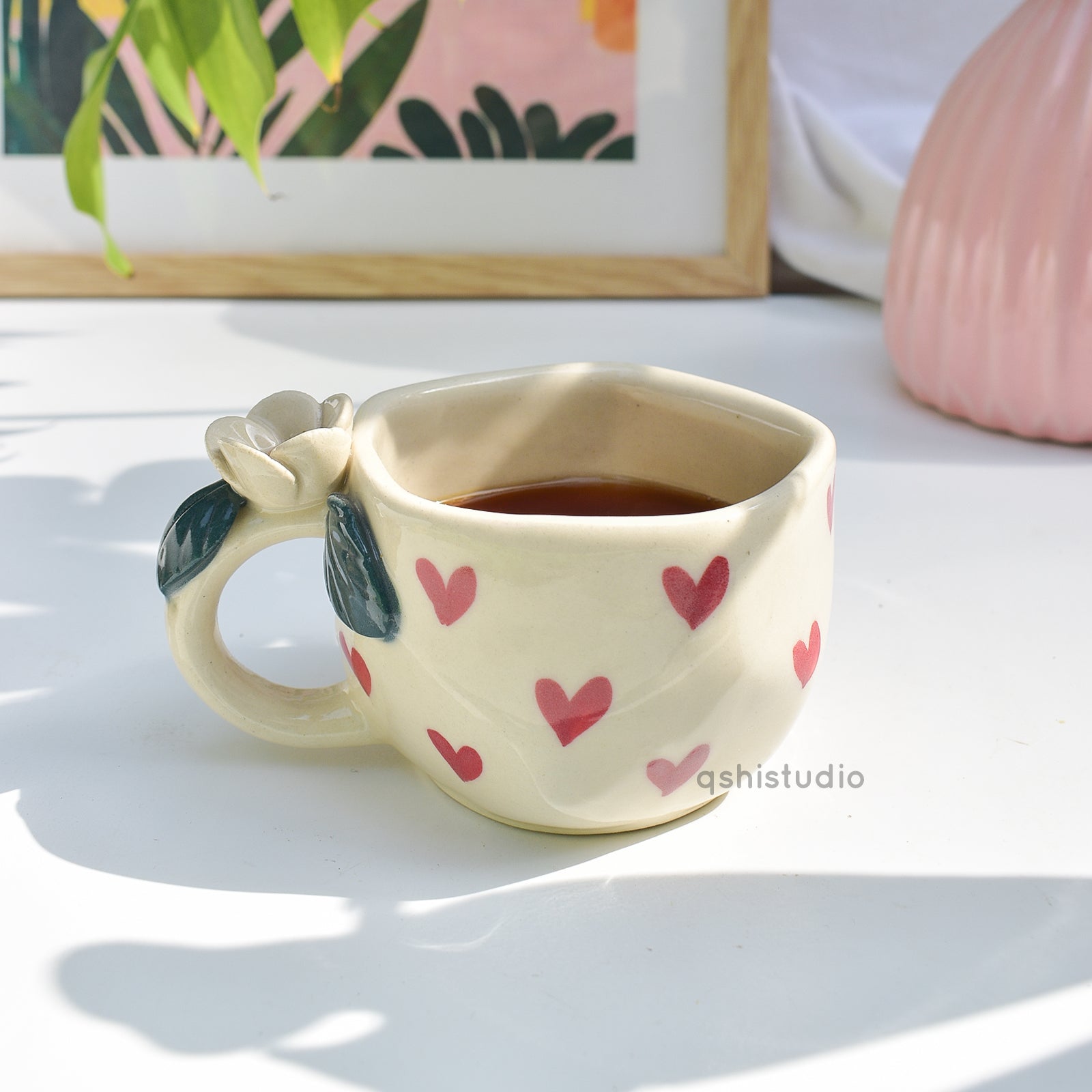 Pinterest Ceramic Mug - White Rose Bush Hearts