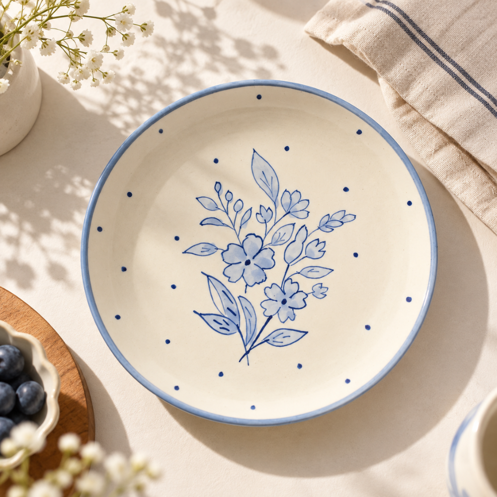 Dessert Plate -  Blue Flower Polka (7 Inches)