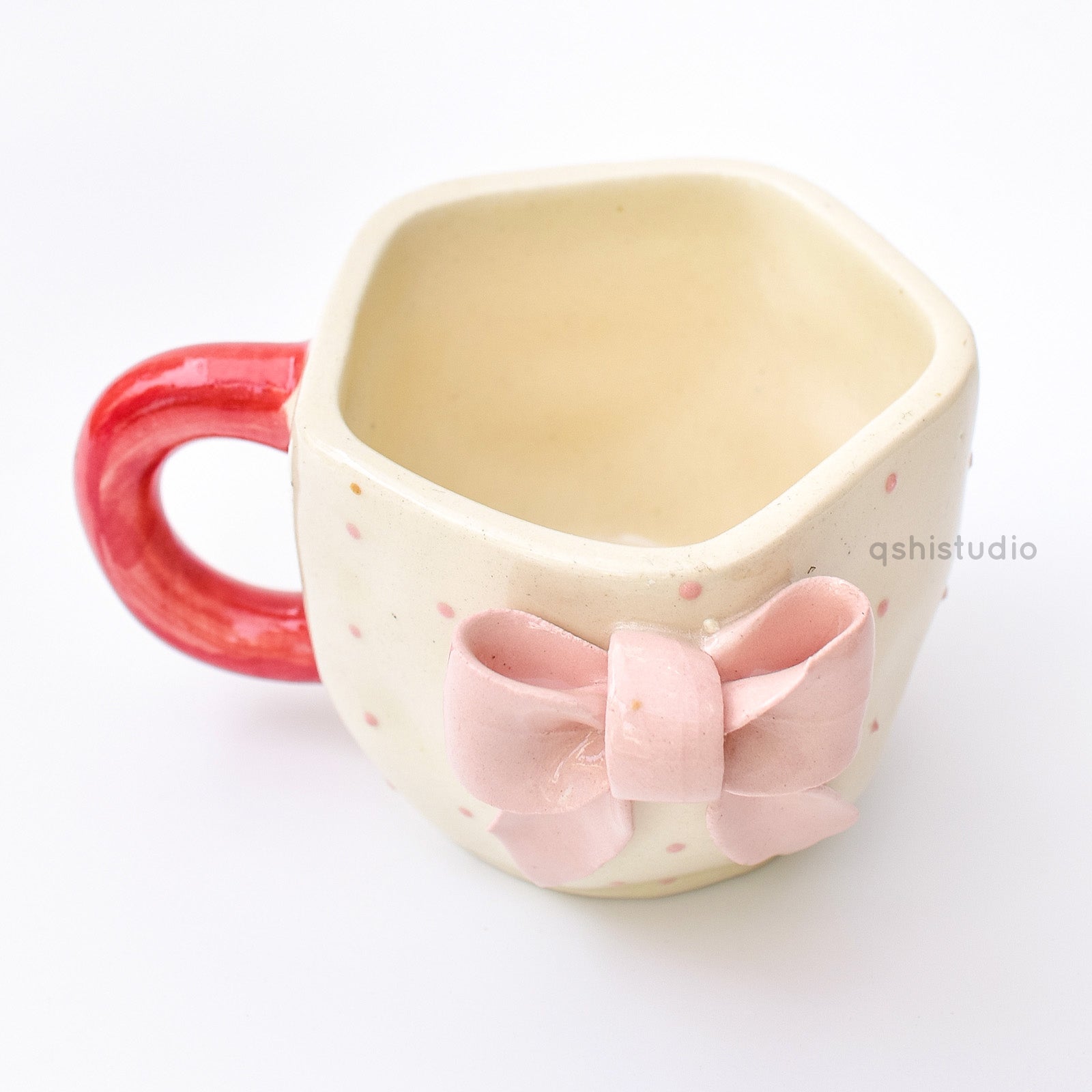 Ceramic Handmade Coffee Mug - Pink Dots Bow
