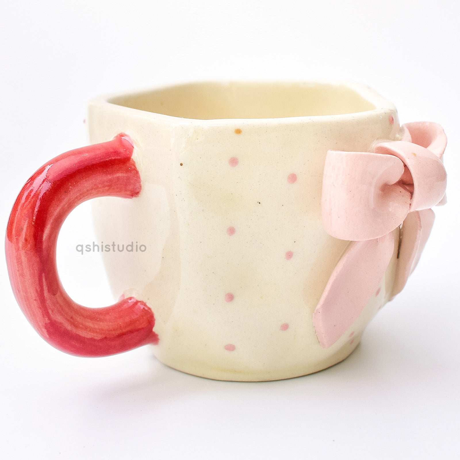 Ceramic Handmade Coffee Mug - Pink Dots Bow