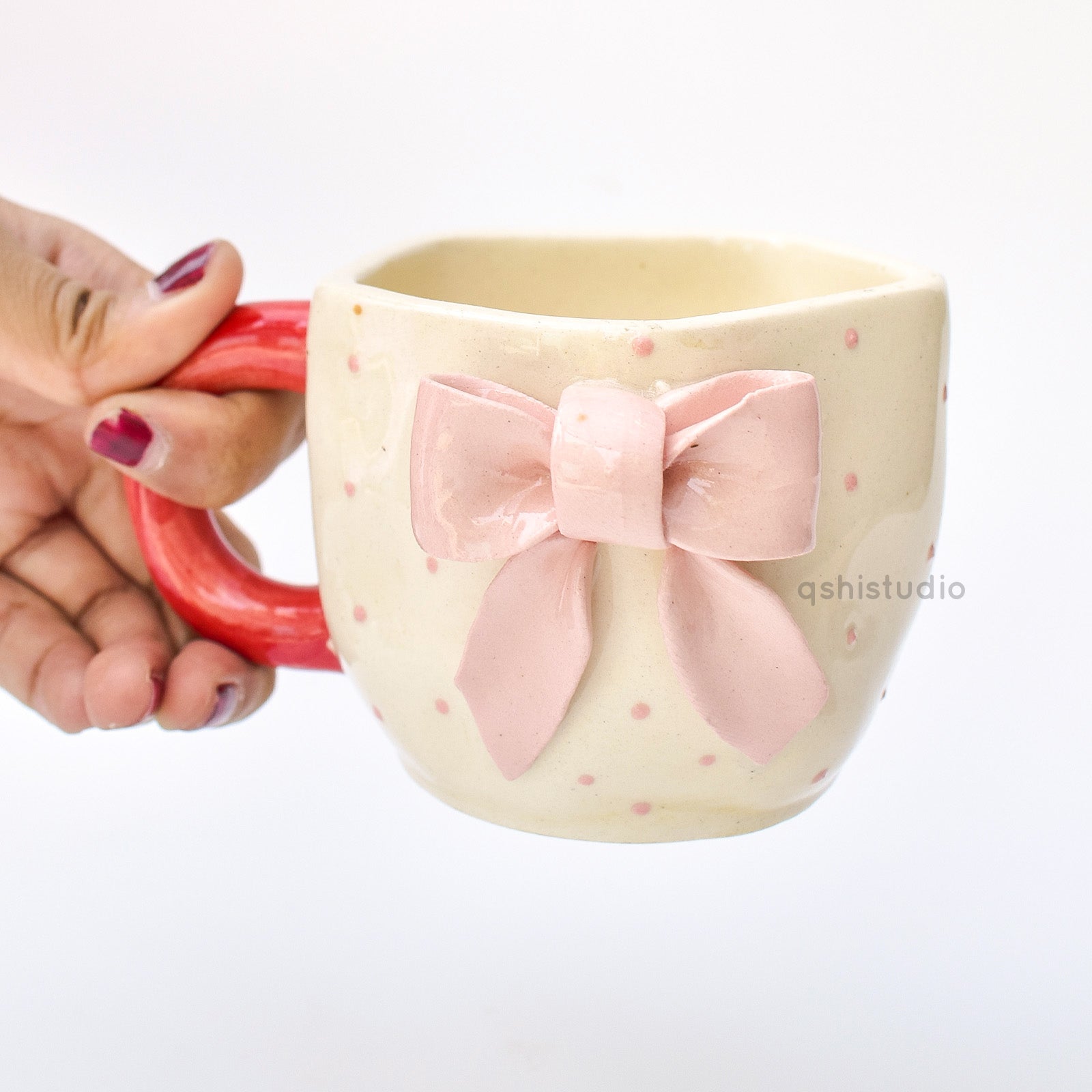 Ceramic Handmade Coffee Mug - Pink Dots Bow