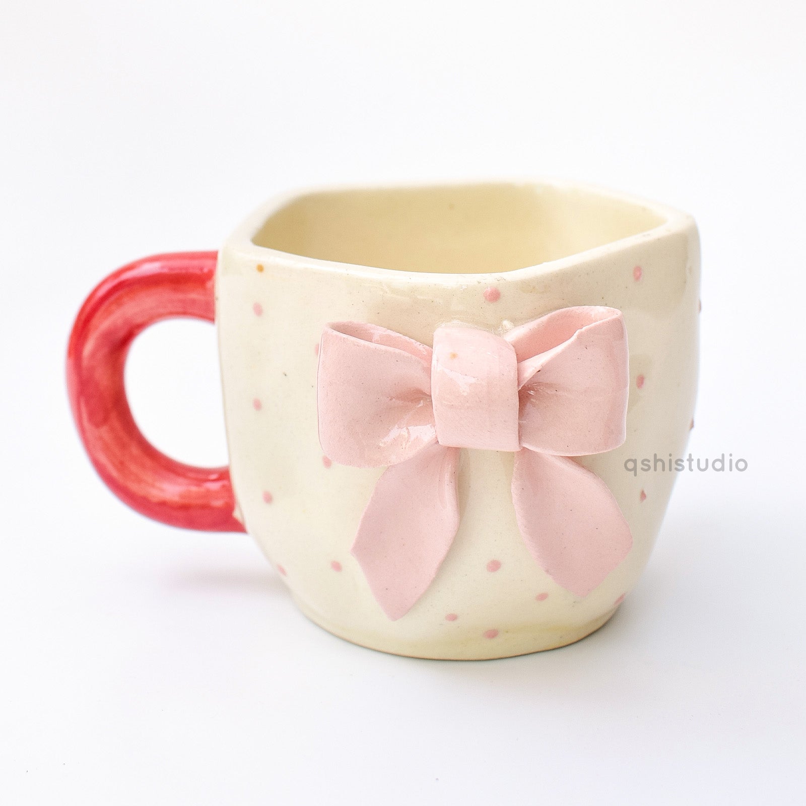 Ceramic Handmade Coffee Mug - Pink Dots Bow