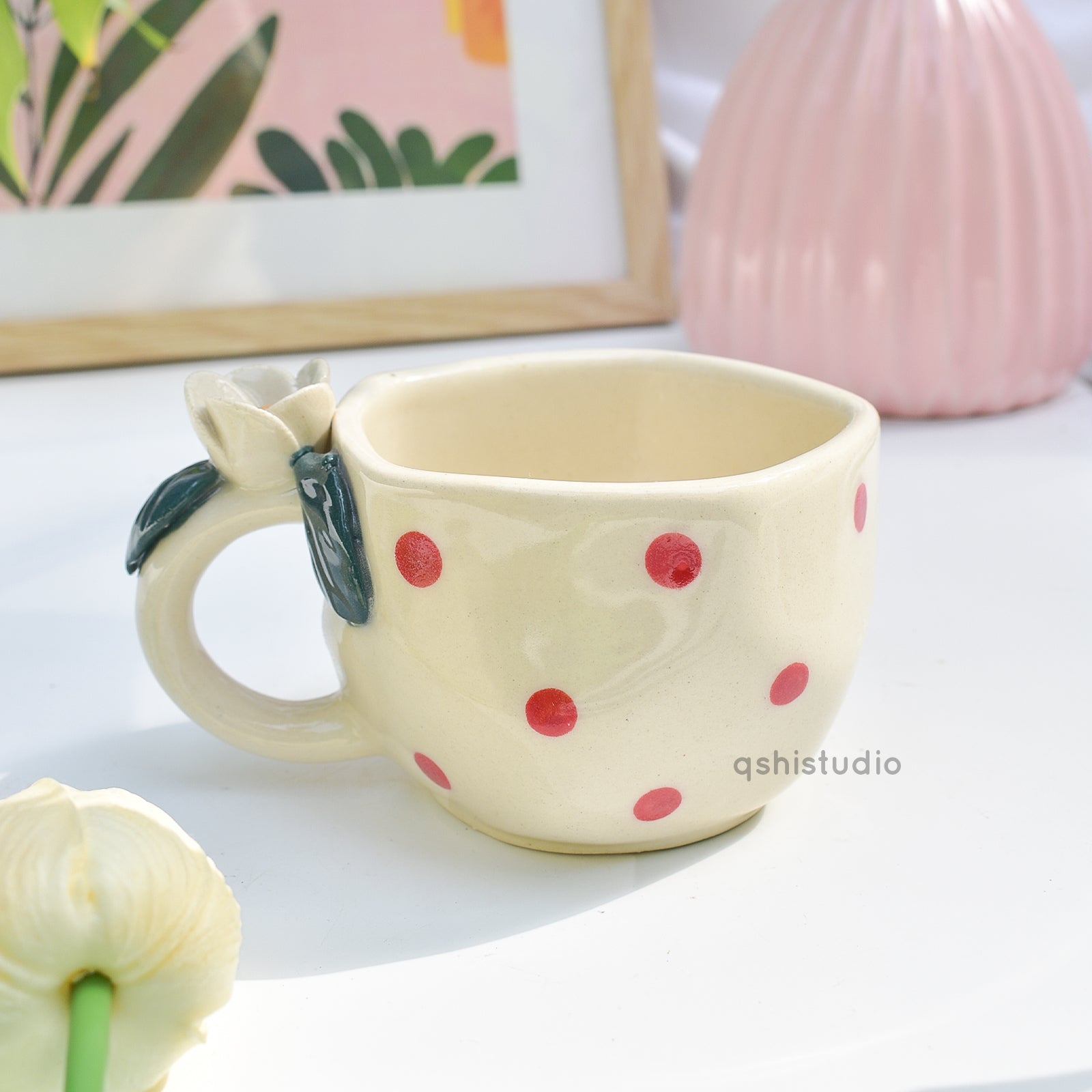 Pinterest Ceramic Mug - White Rose Bush Dots