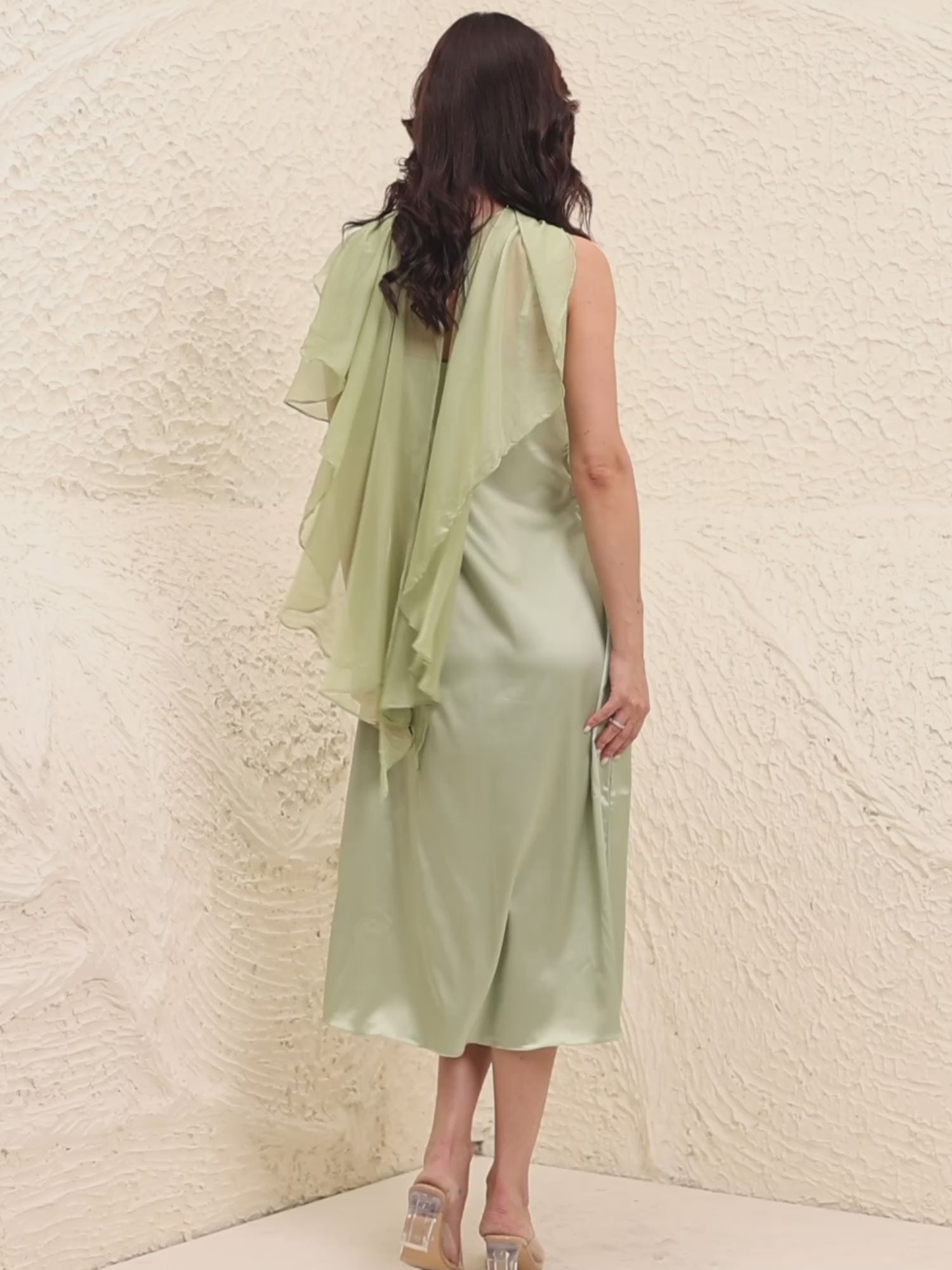 Sage Green Satin Slip Dress With Dupatta