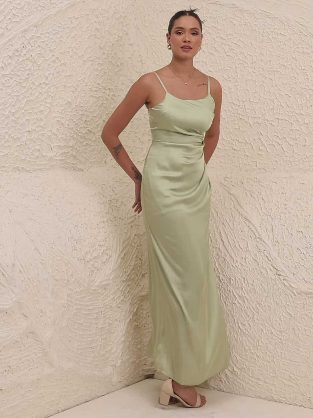 Sage Satin Slit Maxi Dress