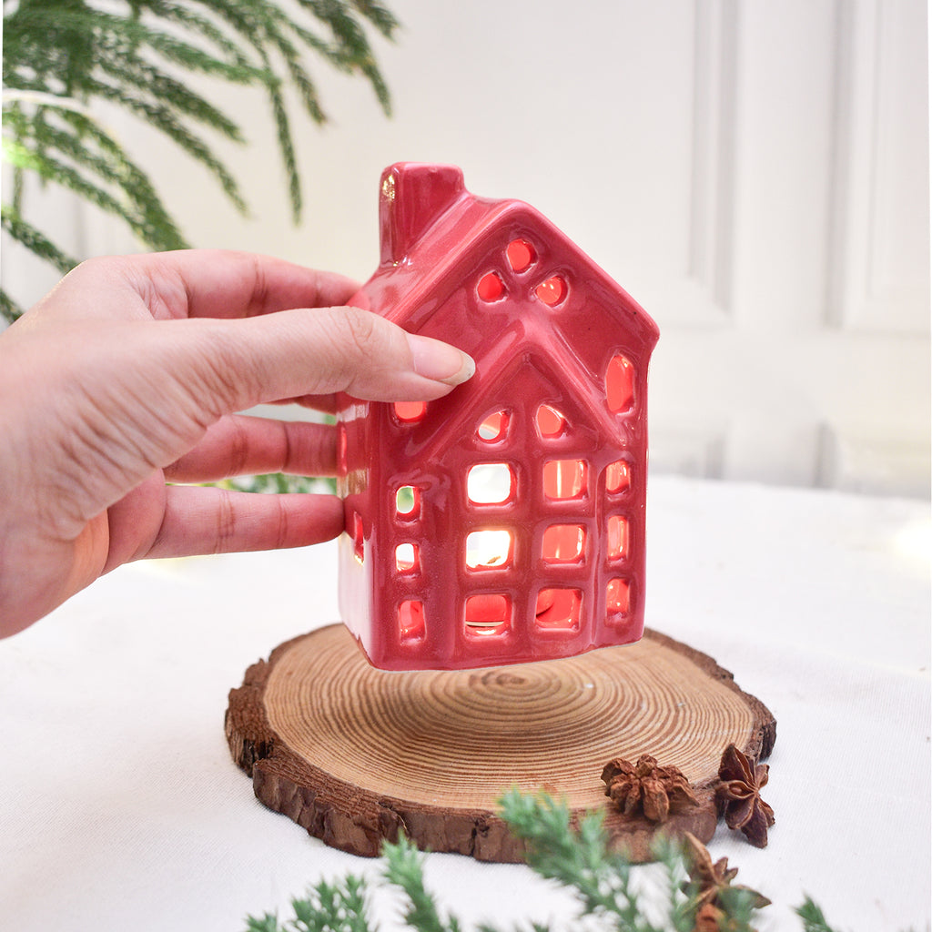 Ceramic Tealight\Dhoop light holder  - Red house miniature
