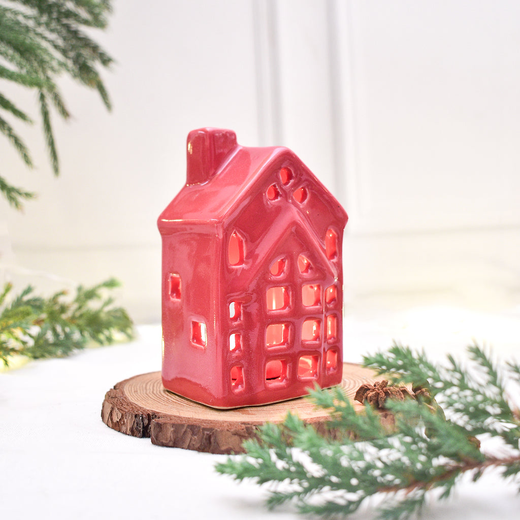 Ceramic Tealight\Dhoop light holder  - Red house miniature
