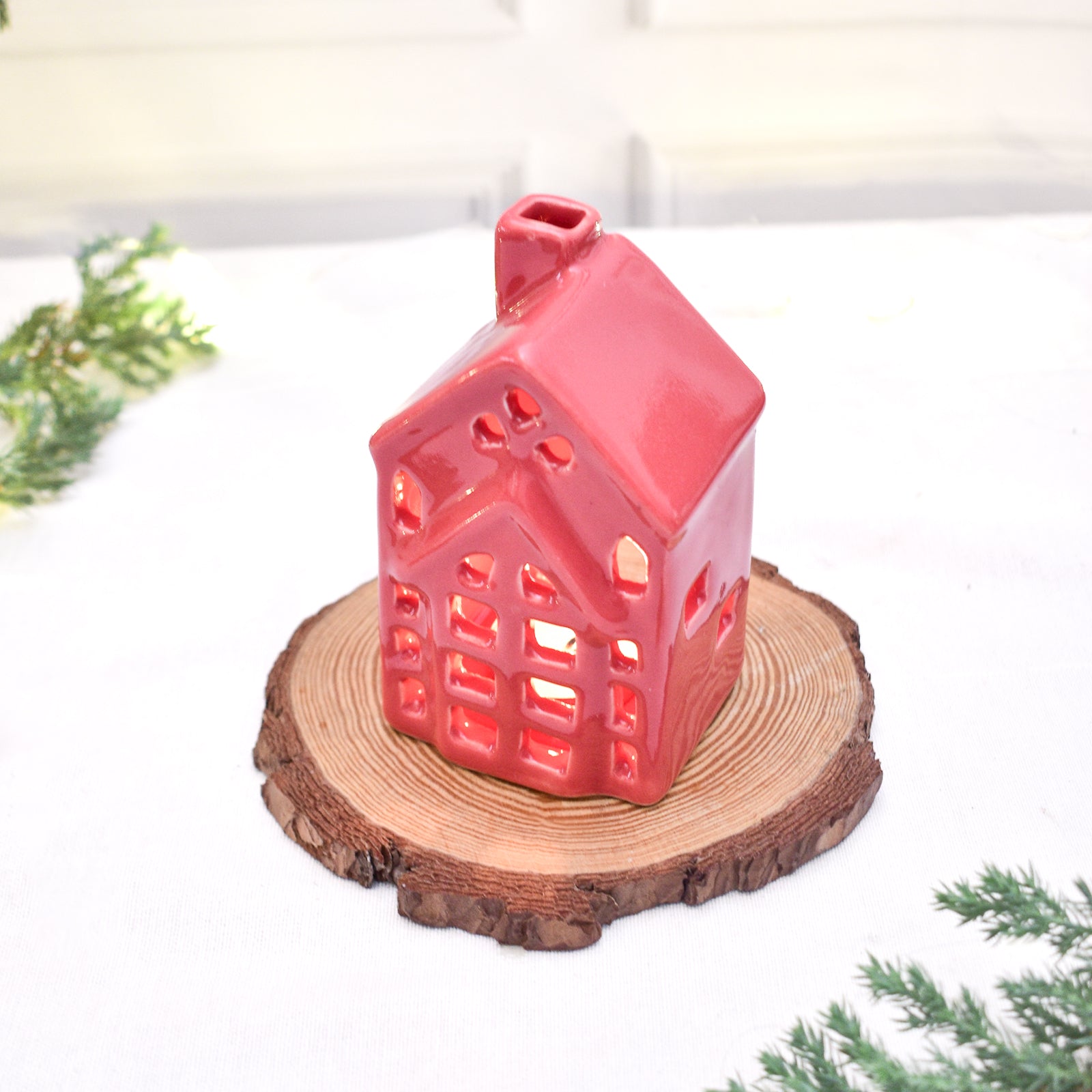 Ceramic Tealight\Dhoop light holder  - Red house miniature