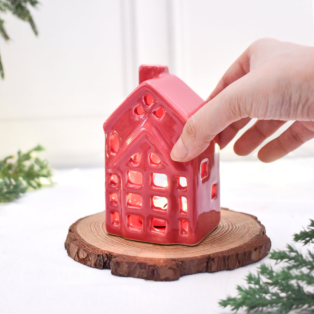 Ceramic Tealight\Dhoop light holder  - Red house miniature