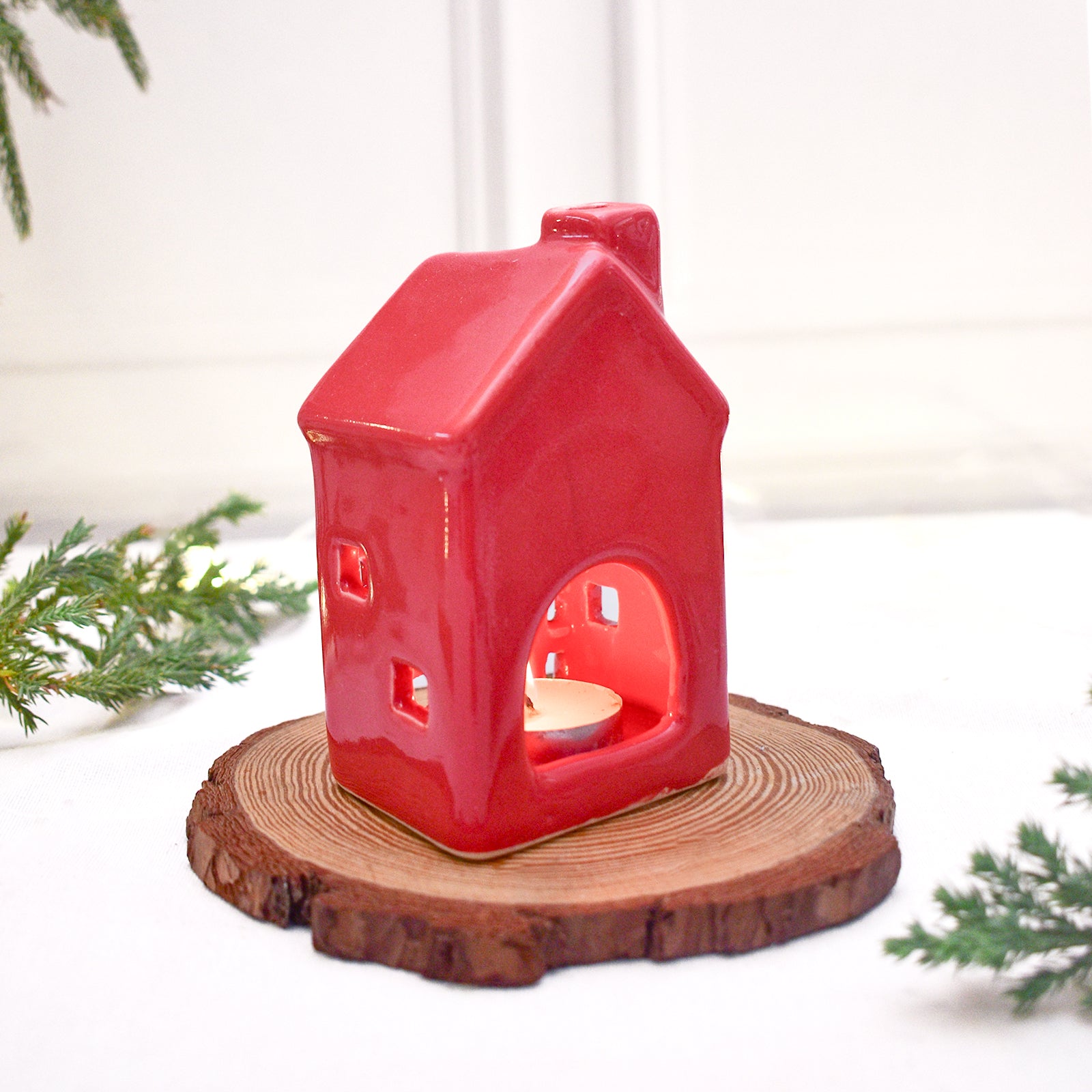 Ceramic Tealight\Dhoop light holder  - Red house miniature