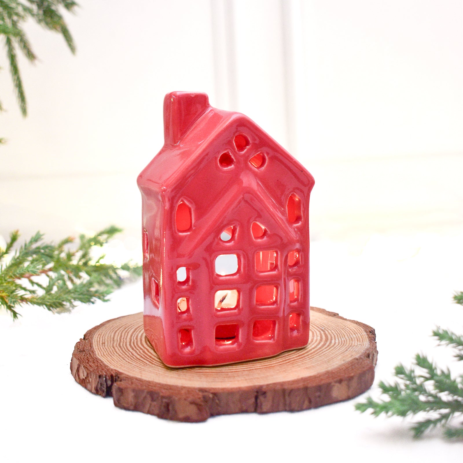 Ceramic Tealight\Dhoop light holder  - Red house miniature
