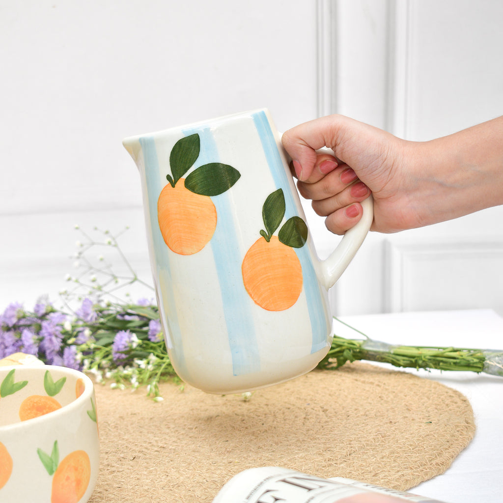 Ceramic Jug - Blue Stripe Orange