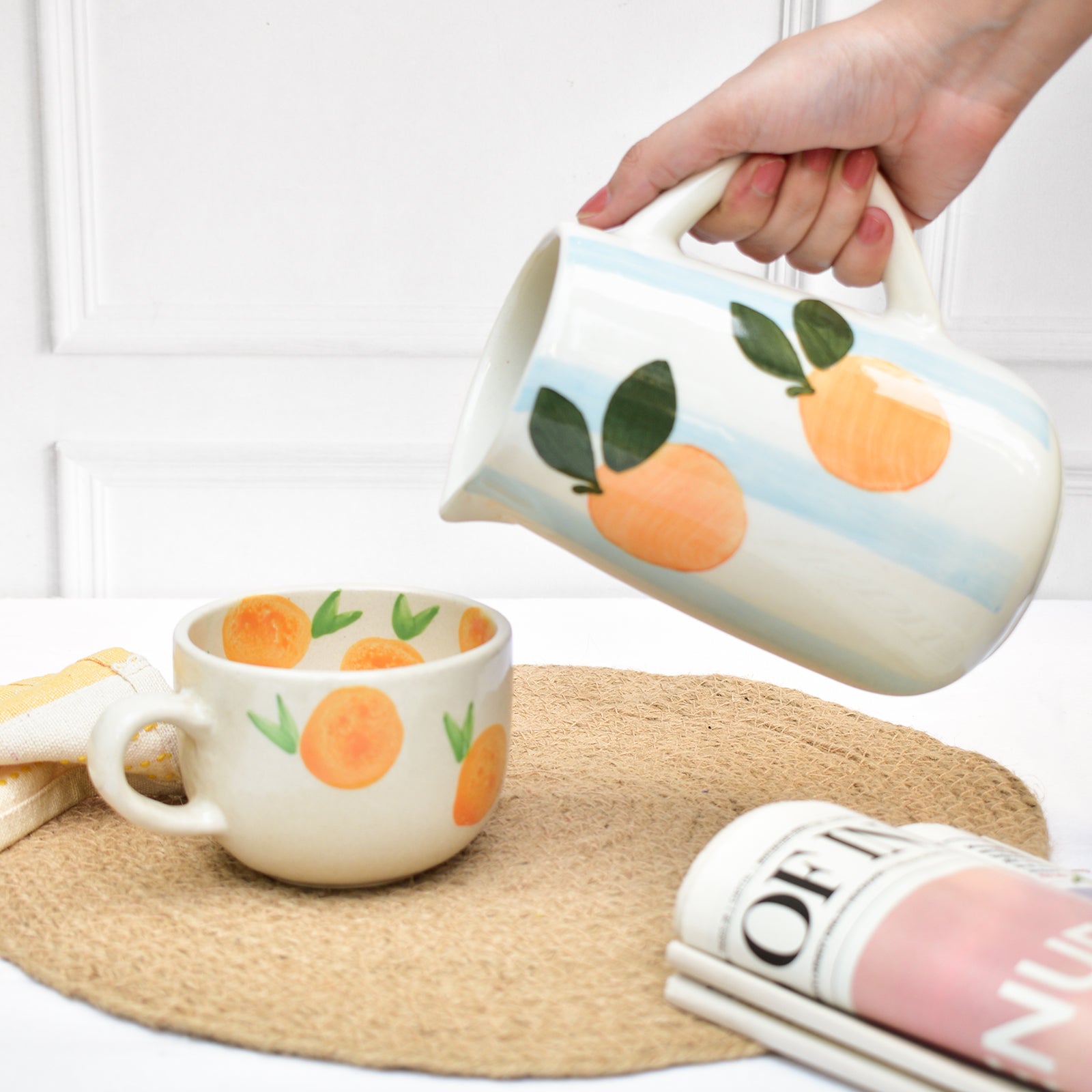 Ceramic Jug - Blue Stripe Orange