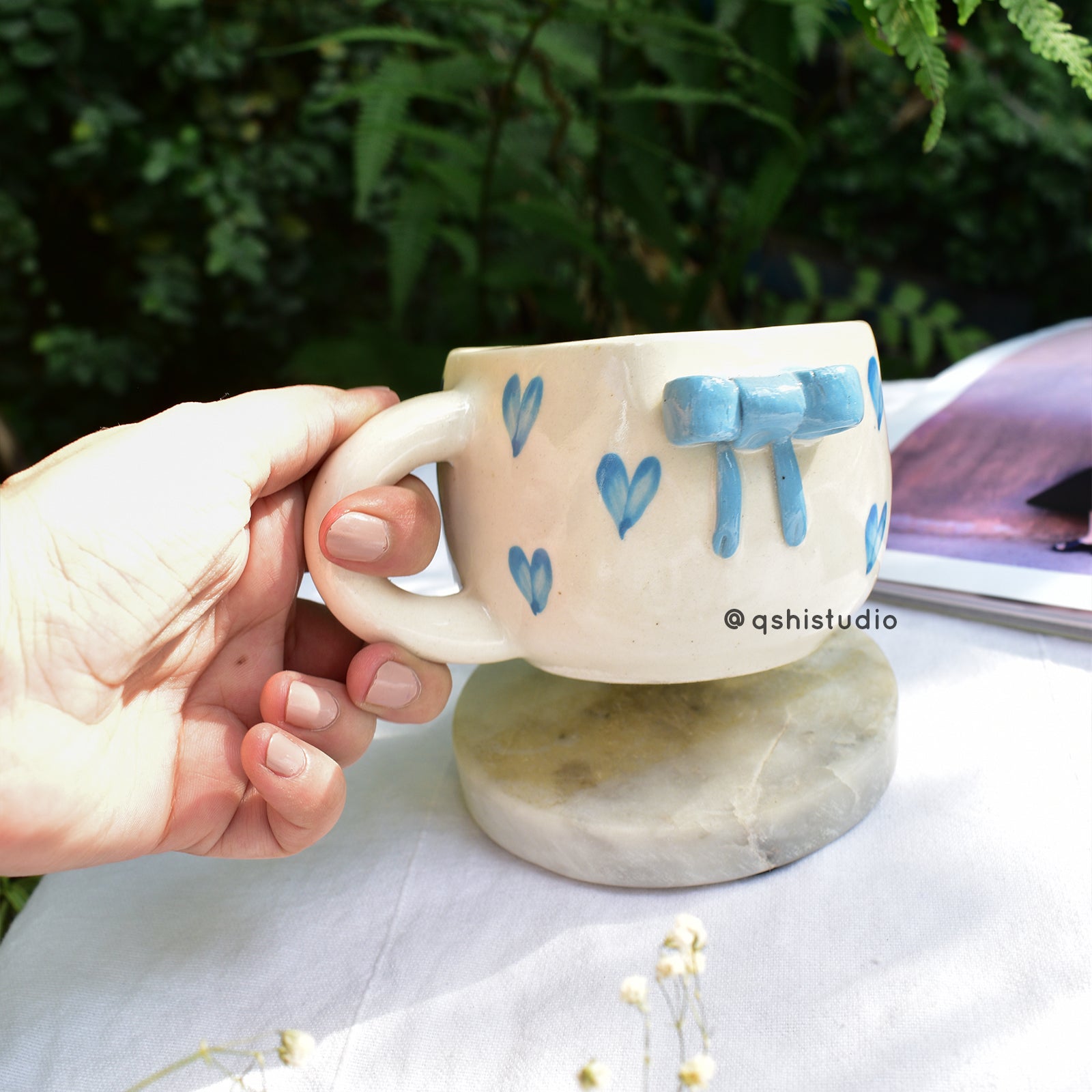Ceramic Coffee Mug - Blue Heart Bow