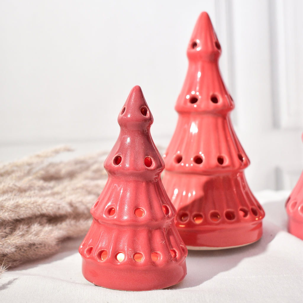 Ceramic Tealight holder  - Red Christmas Trees ( Set of 3)