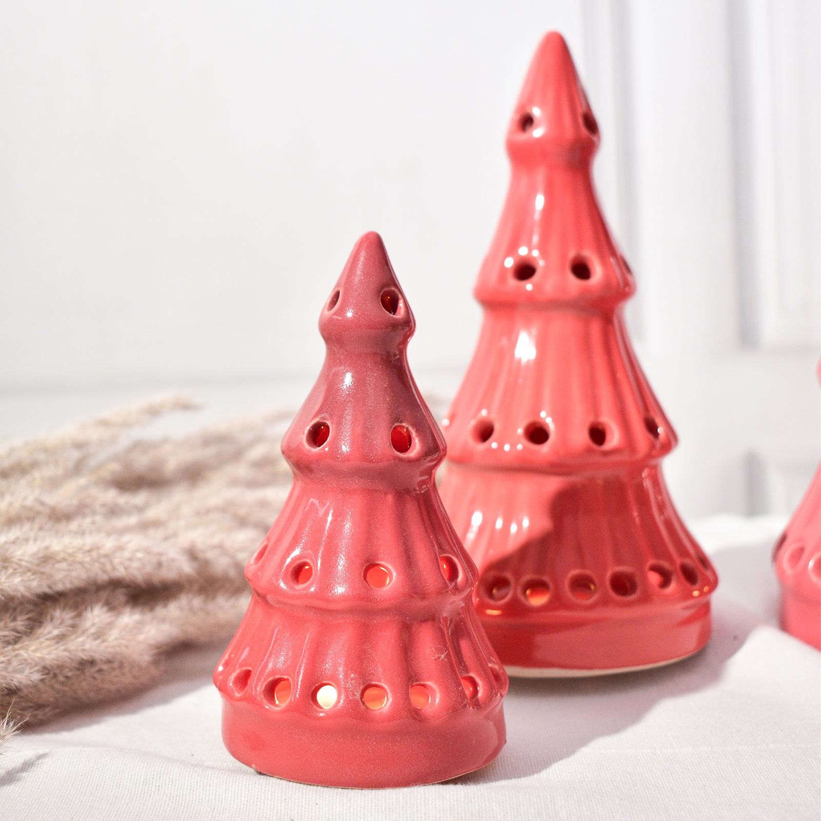 Ceramic Tealight holder  - Red Christmas Trees ( Set of 3)