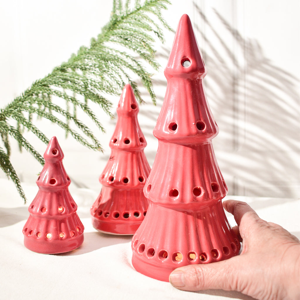 Ceramic Tealight holder  - Red Christmas Trees ( Set of 3)