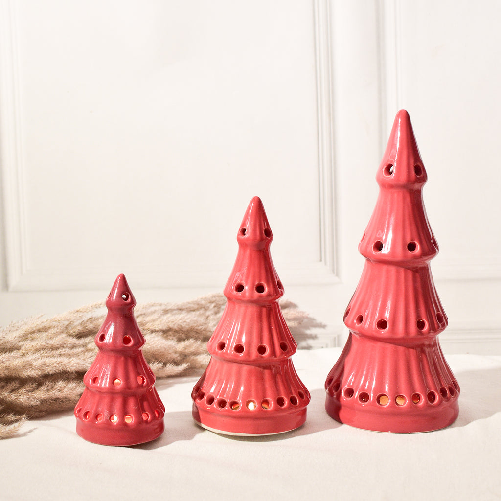 Ceramic Tealight holder  - Red Christmas Trees ( Set of 3)