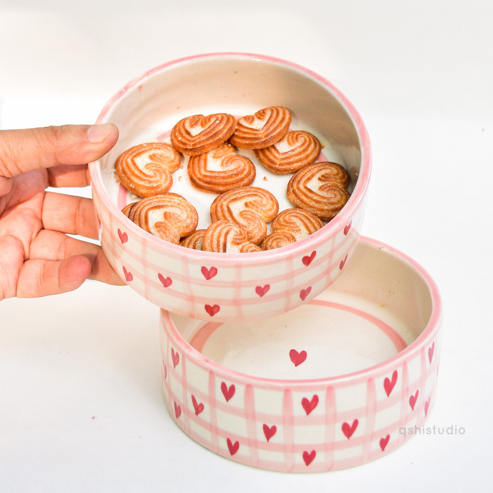 Adorable Handmade Bowl - Checked Hearts