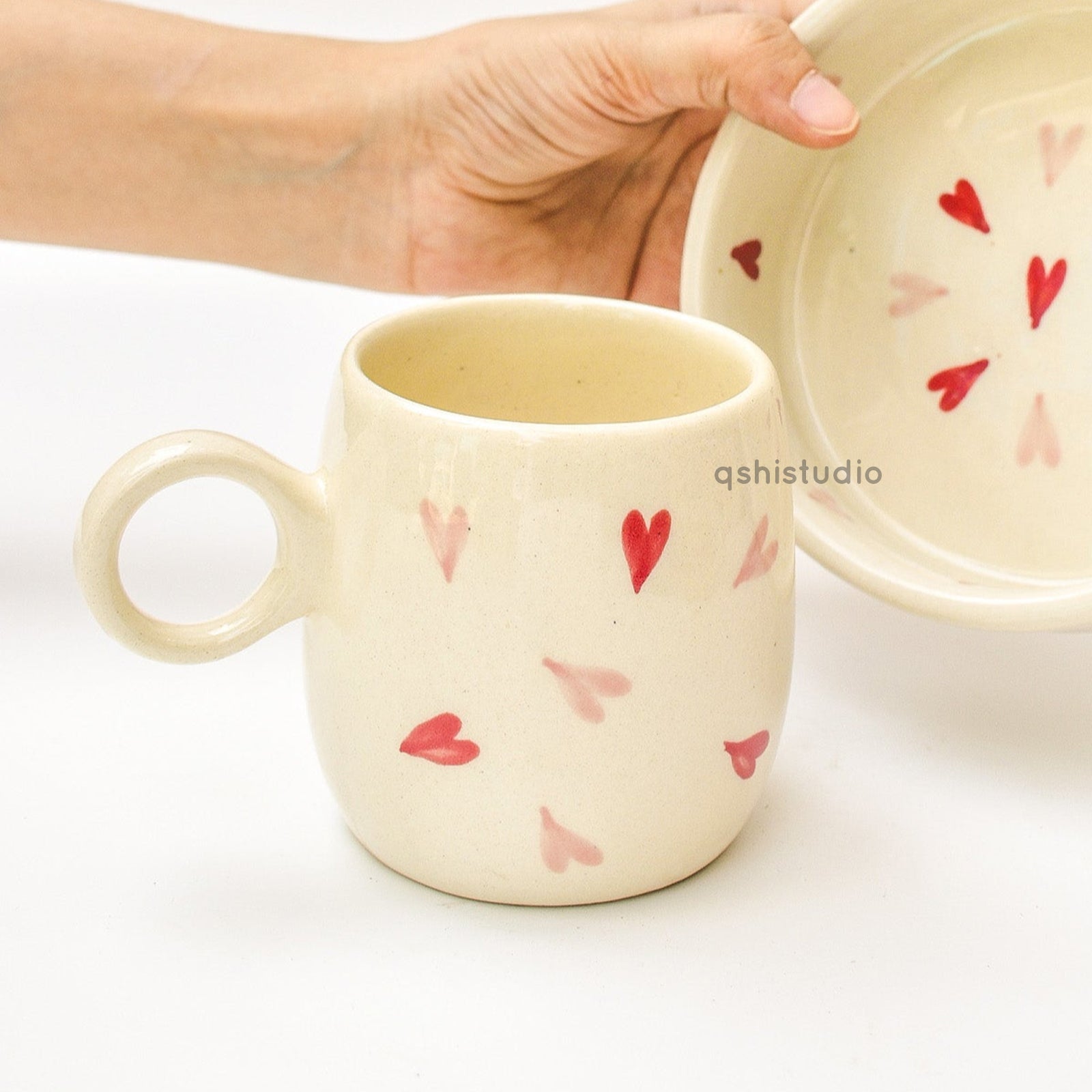 Heart Ceramic Breakfast Set — Mug, Bowl & Jug
