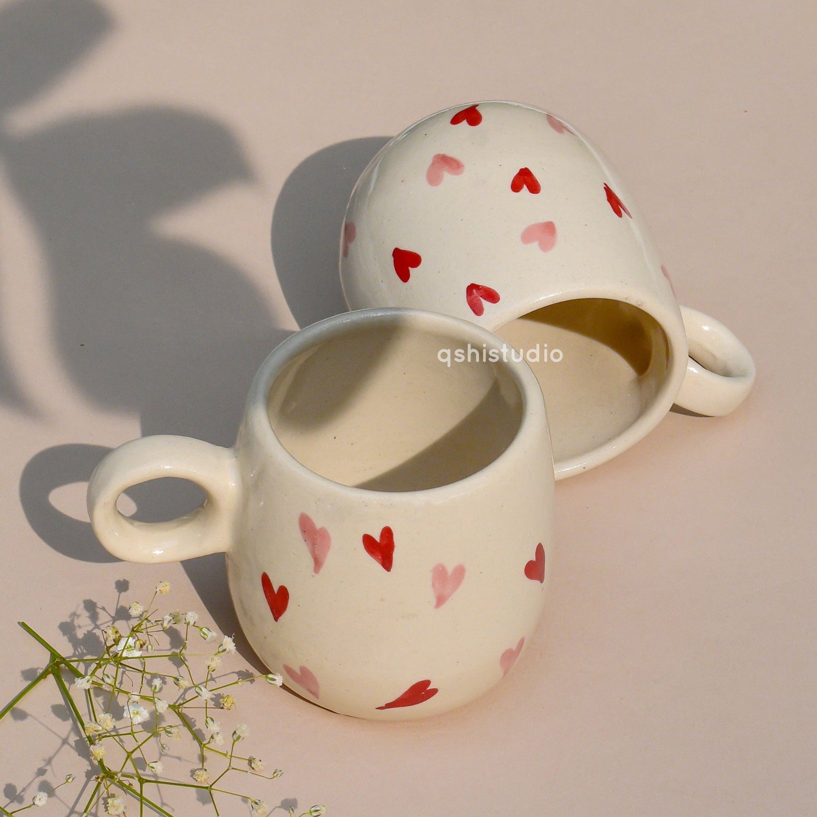 Handmade Ceramic Coffee Mugs - Twin Hearts